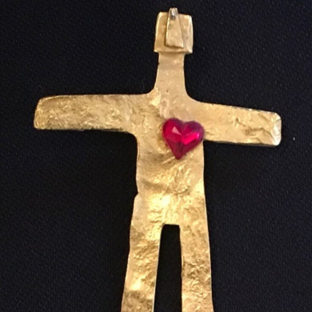 Tall Figure pendant w/  Red Heart. Goldplated created by Joanne Cooper in 1980s.